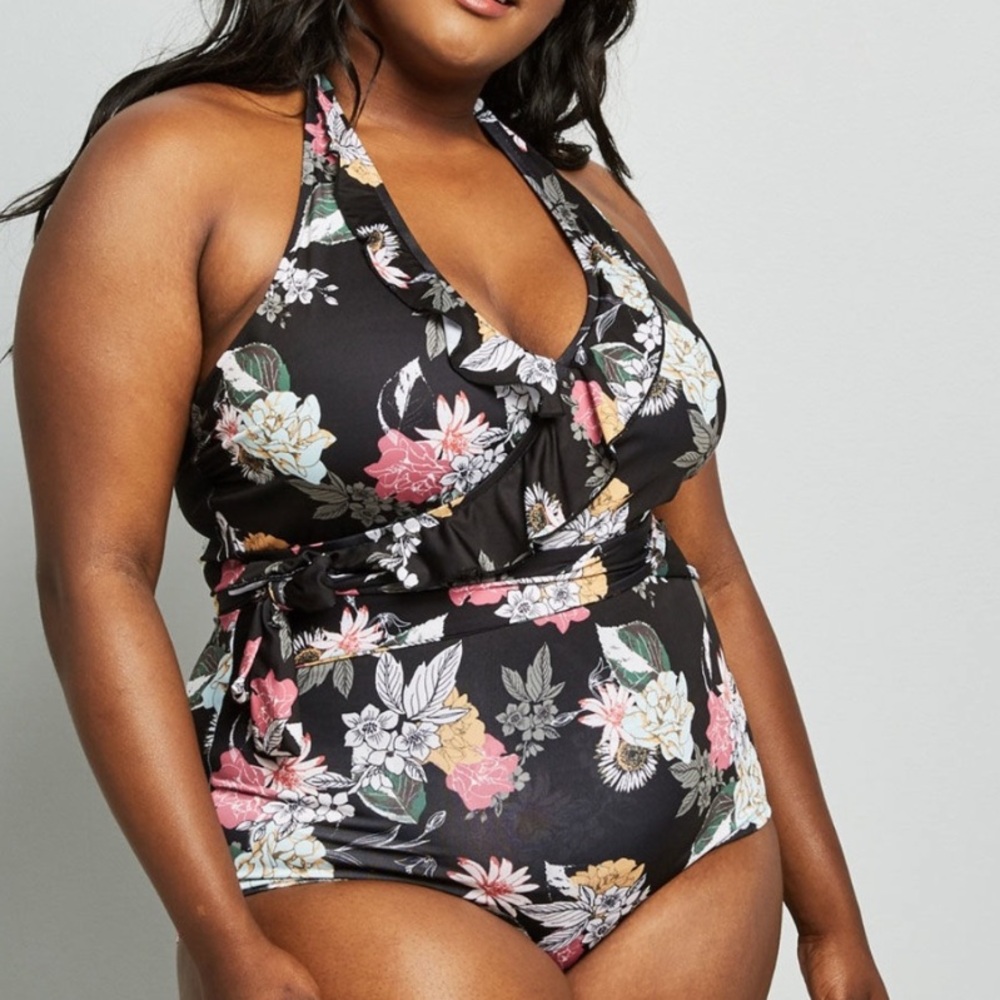 ModCloth Reese Black Pink Floral Halter Neck Ruffle One Piece Swimsuit Open Back